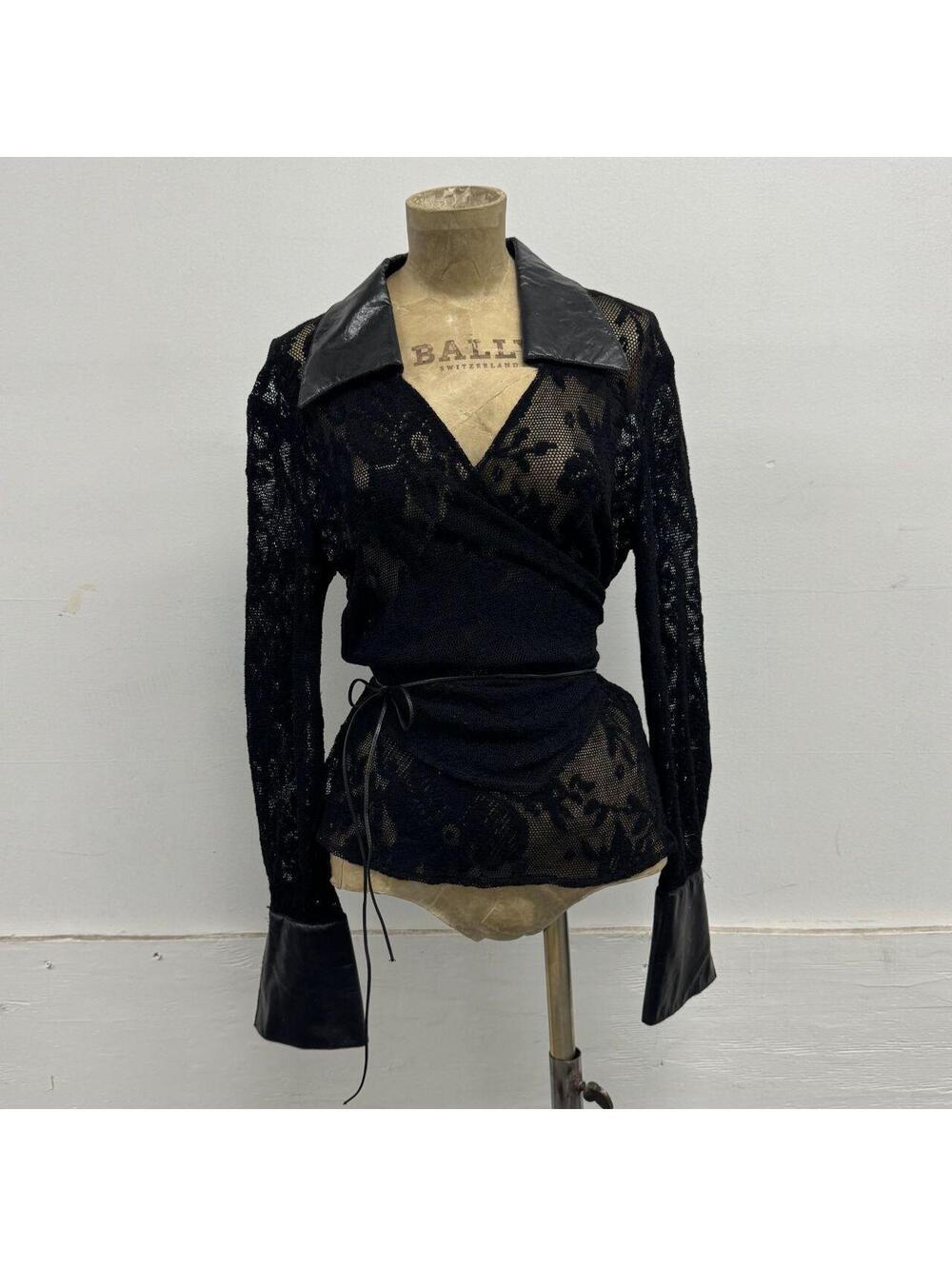 Italian Vintage KRIZIA POI Sheer Lace Leather-Trimmed Wrap Blouse Black